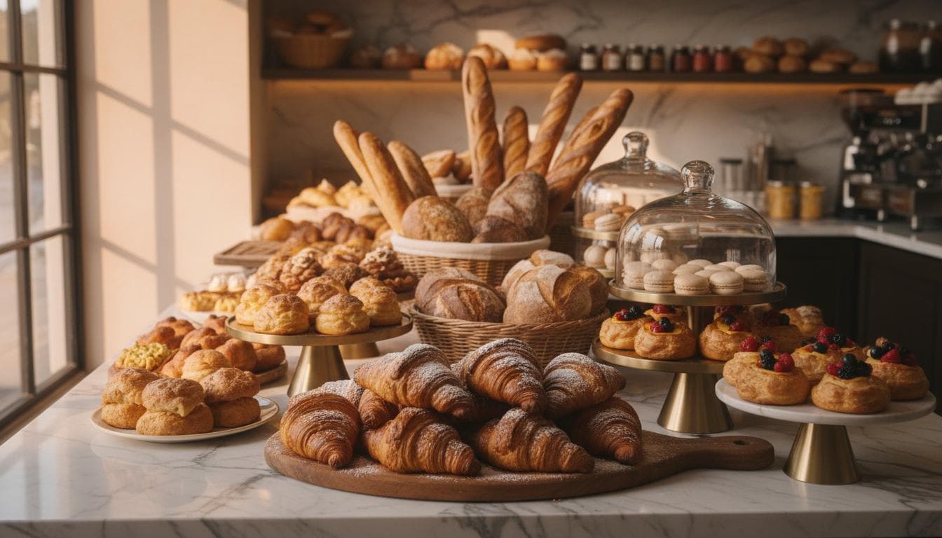 Vitrine de pães e confeitaria em uma padaria