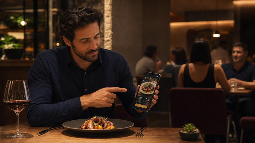 Cliente explorando cardápio na mesa